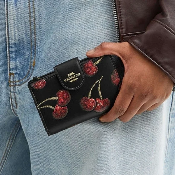 Coach Medium Corner Zip Wallet With Cherry Print - Picture 3 of 14